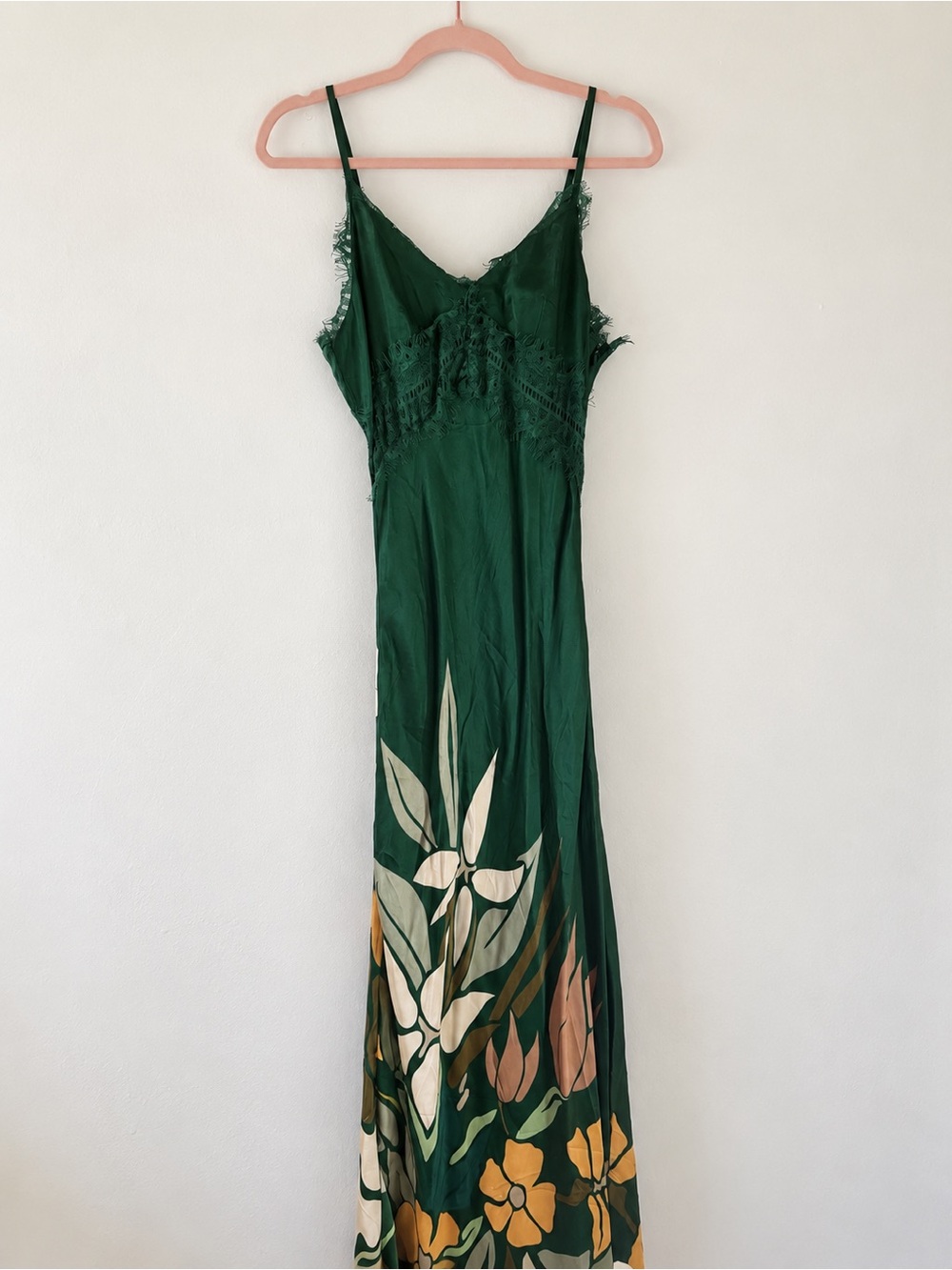 Anthropologie Forest Green Floral Lace Maxi Slip Dress